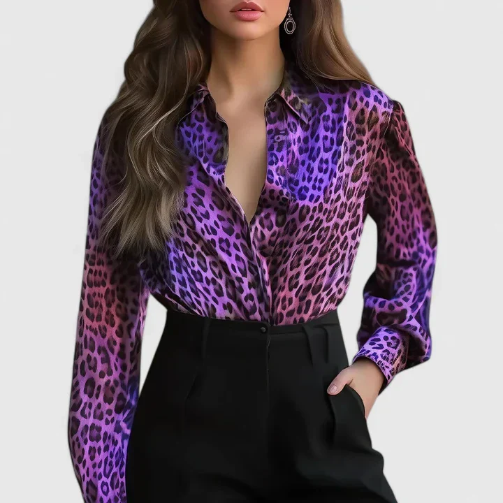 Fleur | Women's Leopard Print Long Sleeve Collared Blouse - Image 4