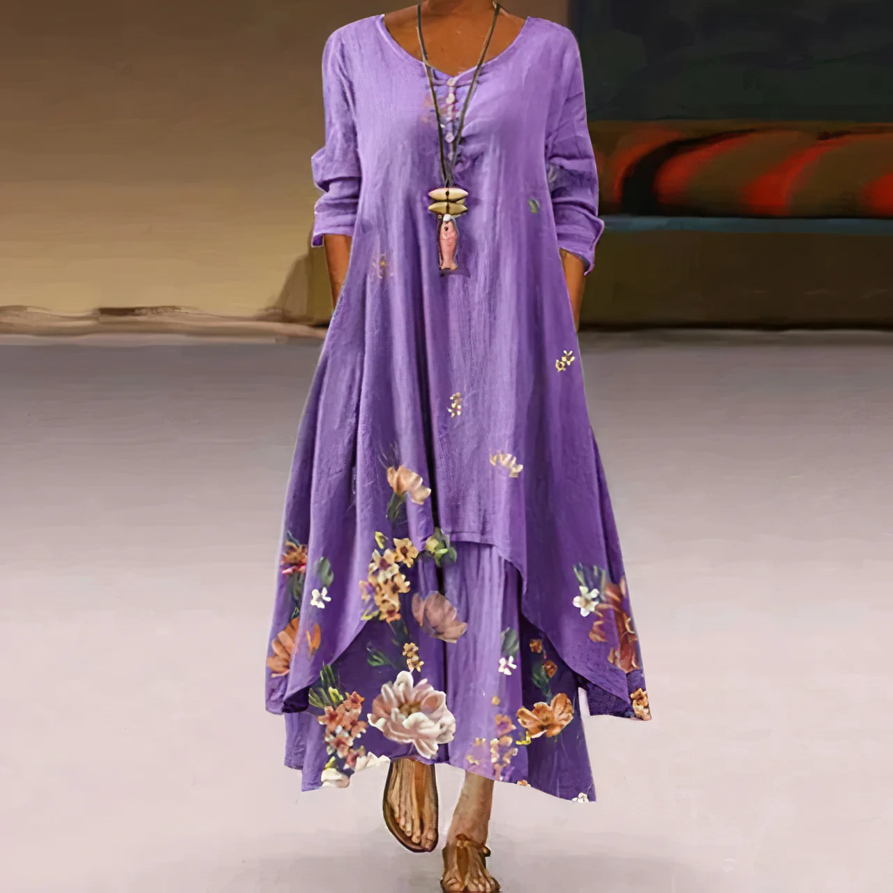 Flora | Women's Floral Print Long Sleeve Loose Maxi Dress - Image 2