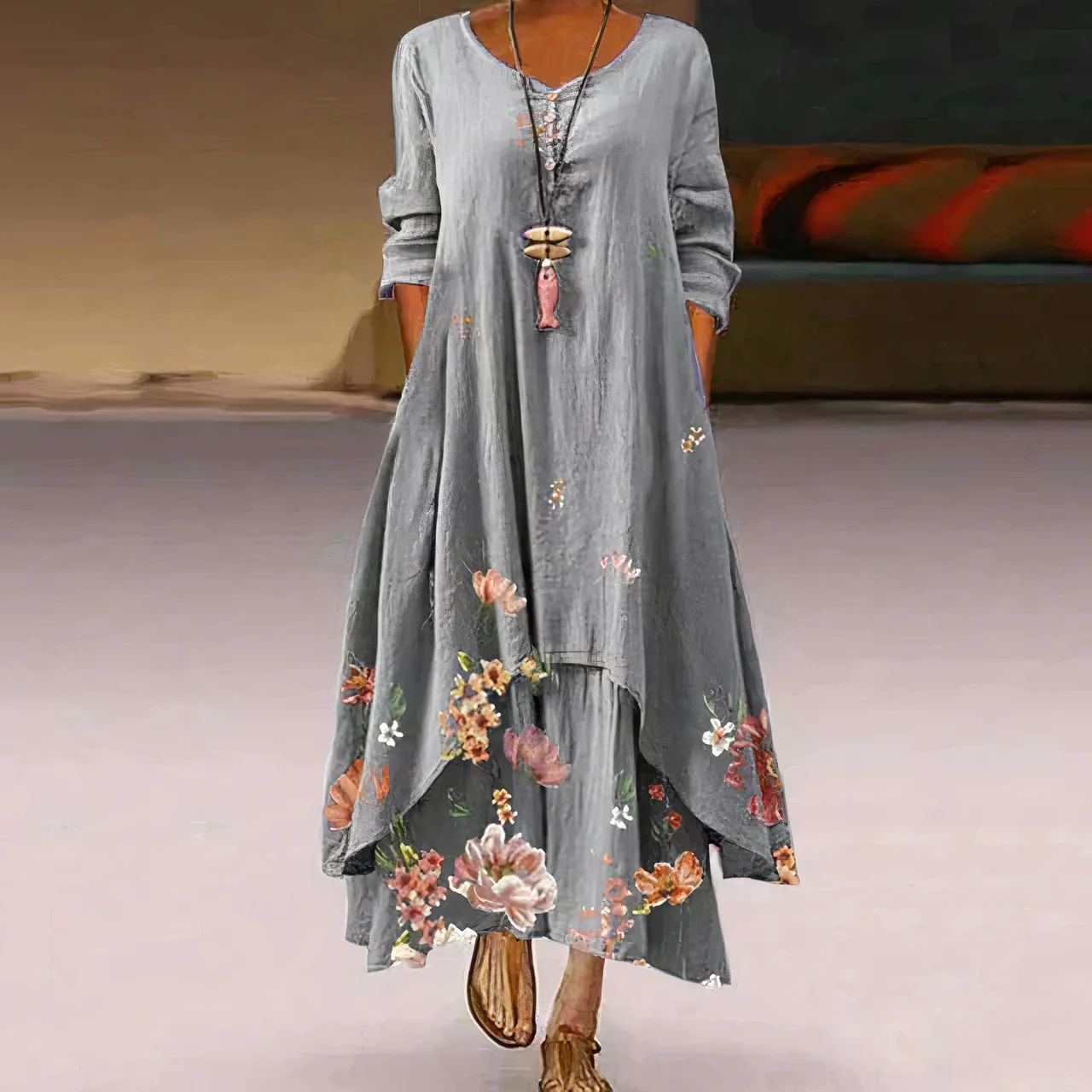 Flora | Women's Floral Print Long Sleeve Loose Maxi Dress - Image 5