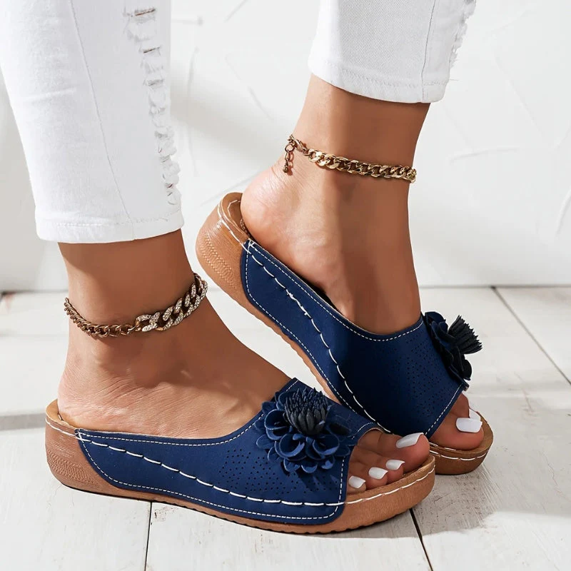 Flora | Women's Flower Wedge Sandals Slip On Open Toe Slides - Image 4