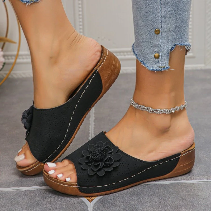 Flora | Women's Flower Wedge Sandals Slip On Open Toe Slides - Image 5