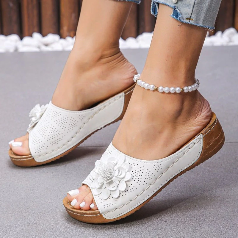 Flora | Women's Flower Wedge Sandals Slip On Open Toe Slides - Image 6