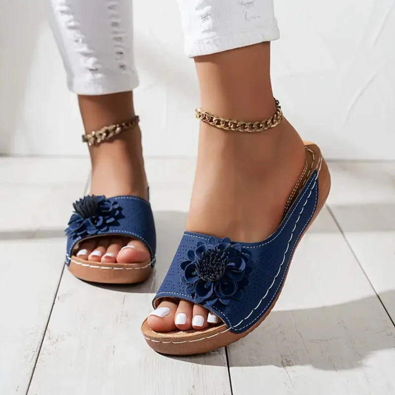 Flora | Women's Flower Wedge Sandals Slip On Open Toe Slides - Image 9