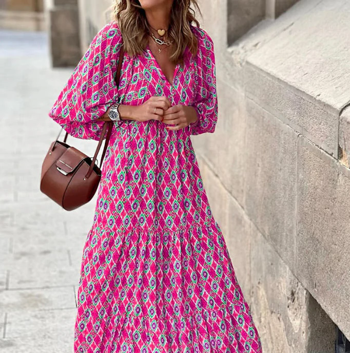 Flora | Women's Puff Sleeve V-Neck Boho Printed Maxi Dress - Image 11