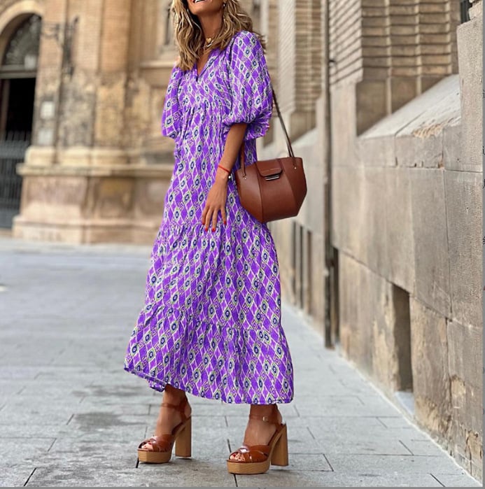 Flora | Women's Puff Sleeve V-Neck Boho Printed Maxi Dress - Image 12