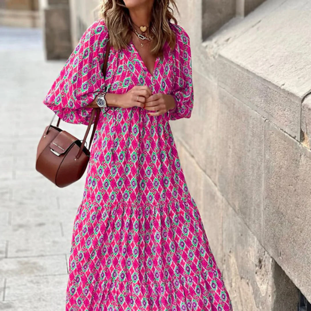 Flora | Women's Puff Sleeve V-Neck Boho Printed Maxi Dress - Image 14