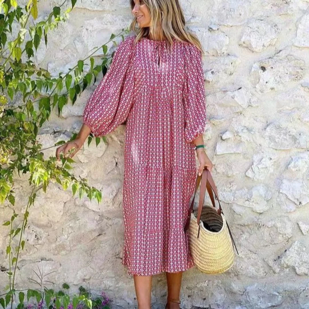 Flora | Women's Puff Sleeve V-Neck Boho Printed Maxi Dress - Image 17
