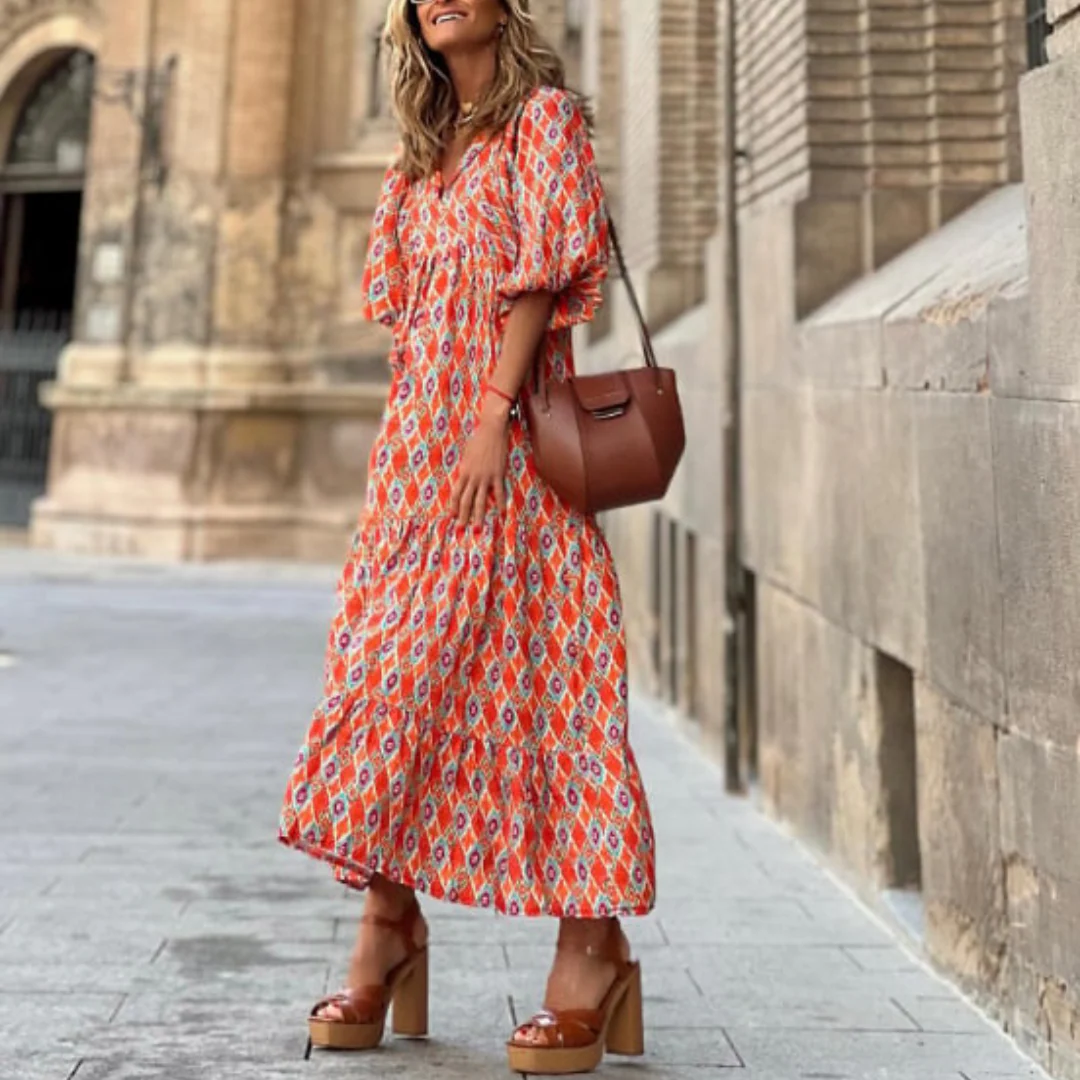 Flora | Women's Puff Sleeve V-Neck Boho Printed Maxi Dress - Image 18