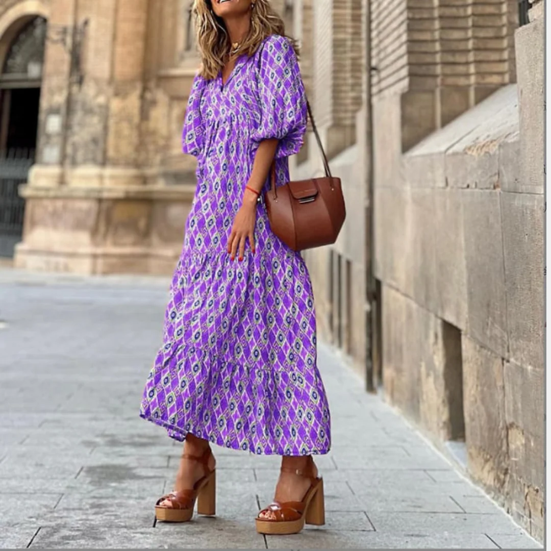 Flora | Women's Puff Sleeve V-Neck Boho Printed Maxi Dress - Image 20