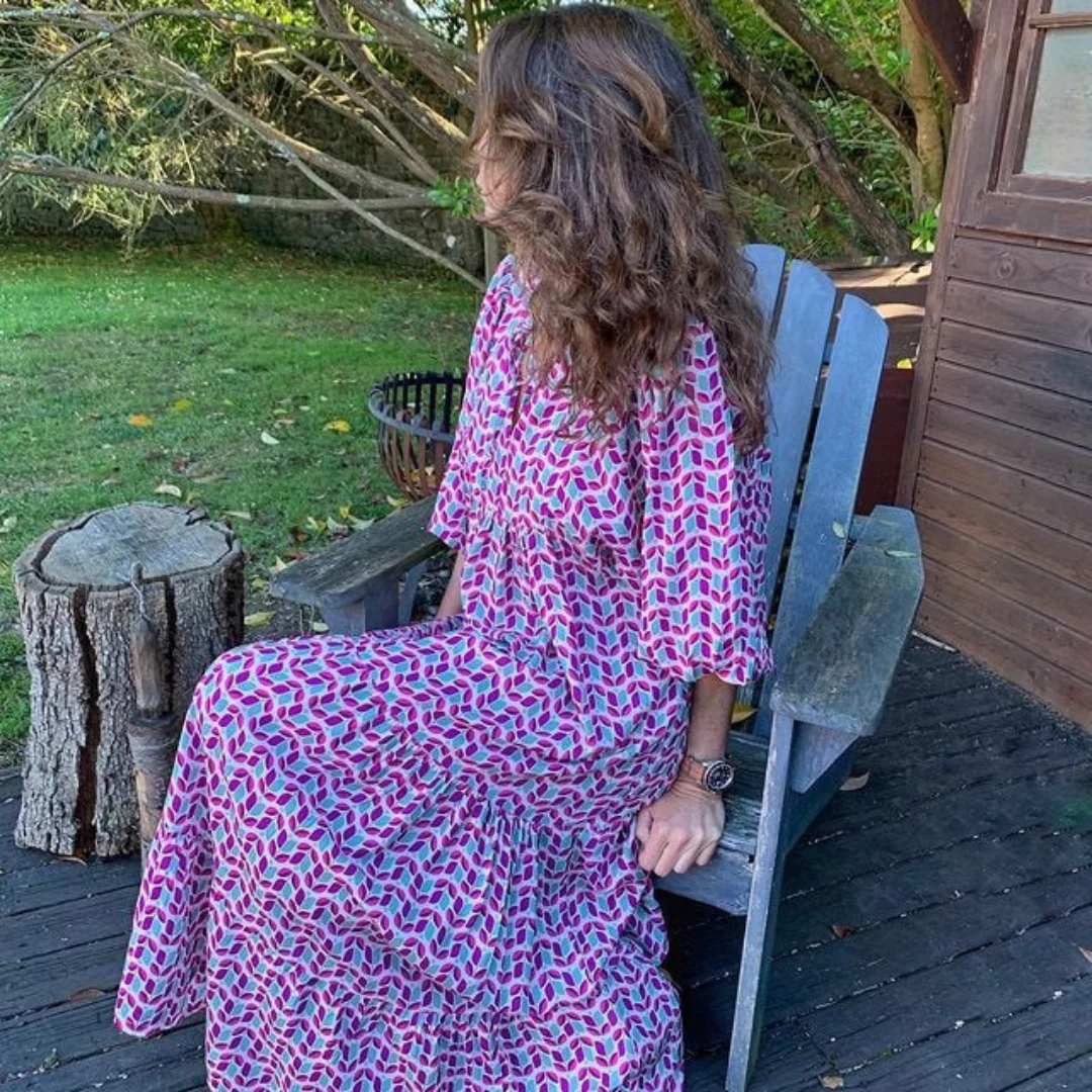Flora | Women's Puff Sleeve V-Neck Boho Printed Maxi Dress - Image 21