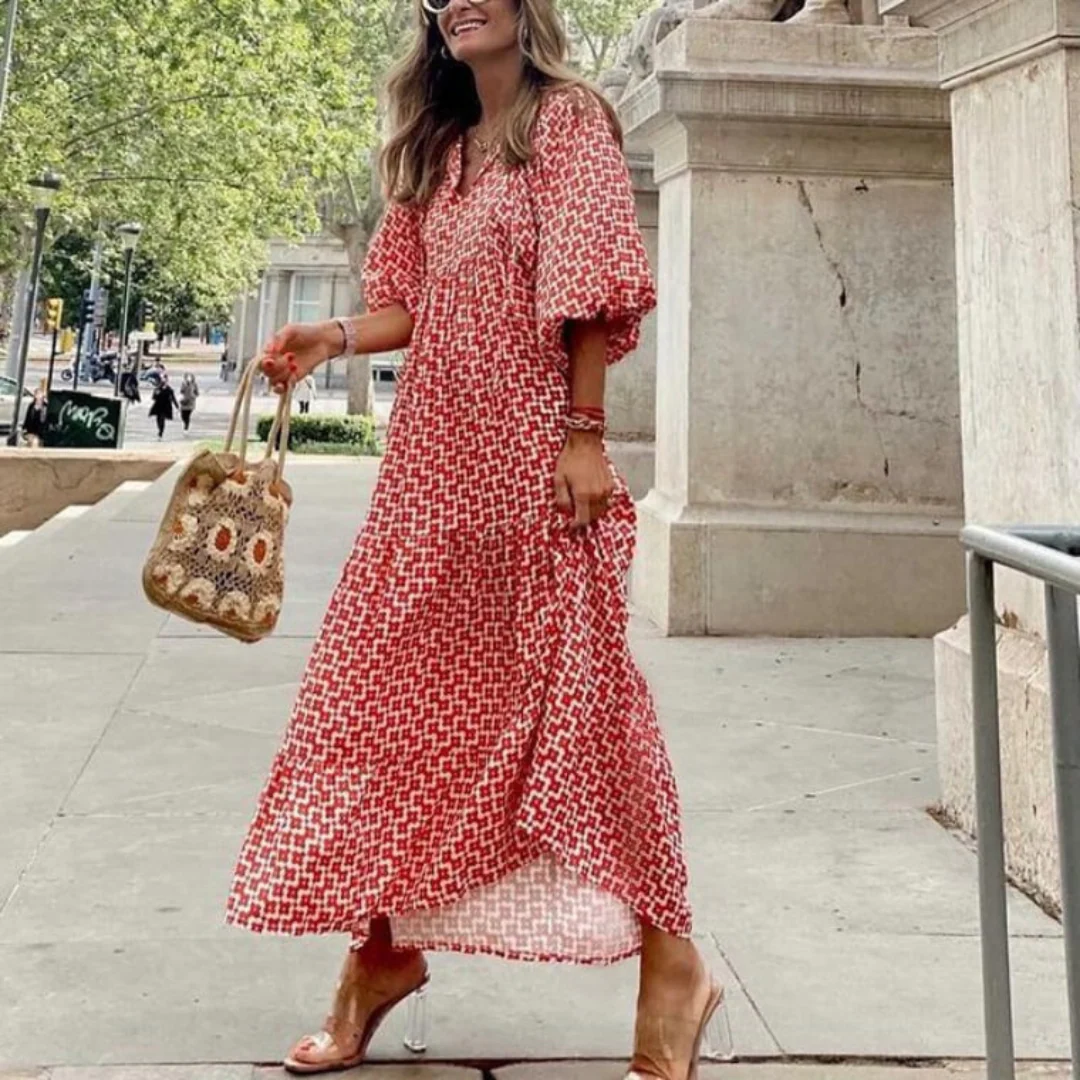 Flora | Women's Puff Sleeve V-Neck Boho Printed Maxi Dress - Image 24