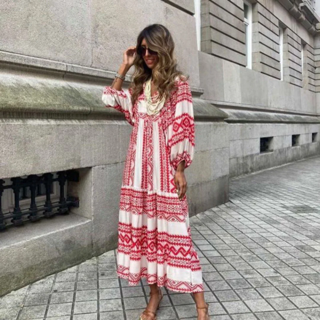 Flora | Women's Puff Sleeve V-Neck Boho Printed Maxi Dress - Image 25