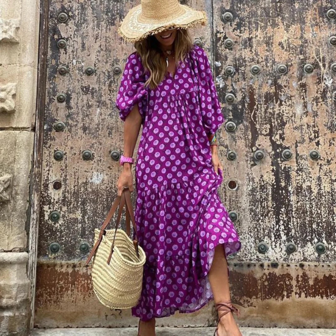 Flora | Women's Puff Sleeve V-Neck Boho Printed Maxi Dress - Image 26