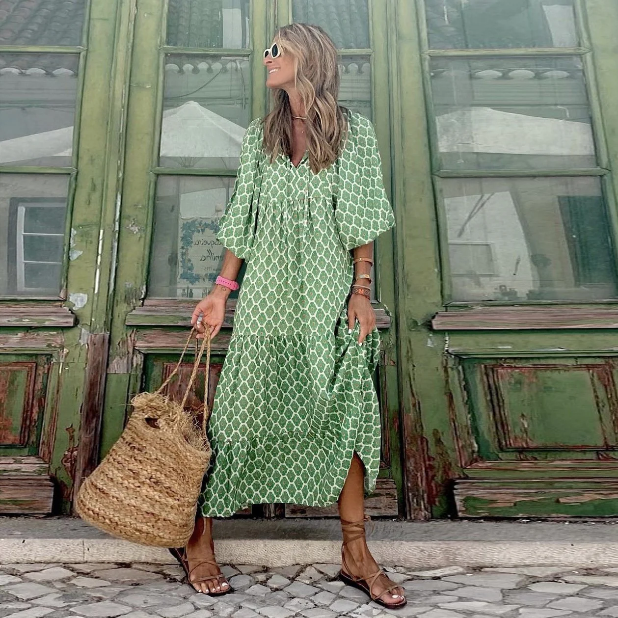 Flora | Women's Puff Sleeve V-Neck Boho Printed Maxi Dress - Image 5