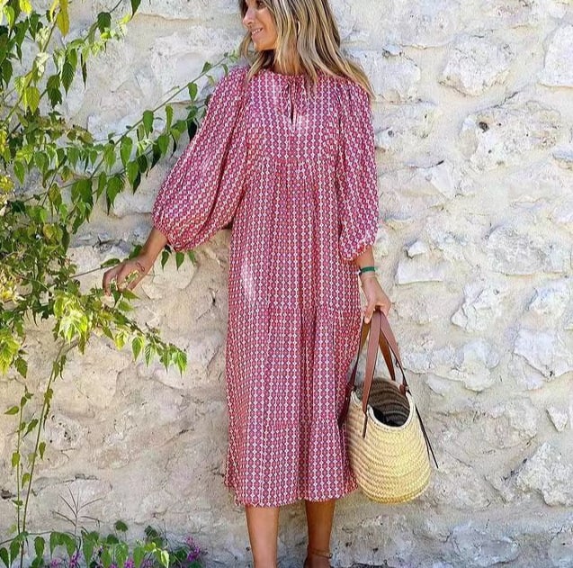 Flora | Women's Puff Sleeve V-Neck Boho Printed Maxi Dress - Image 8