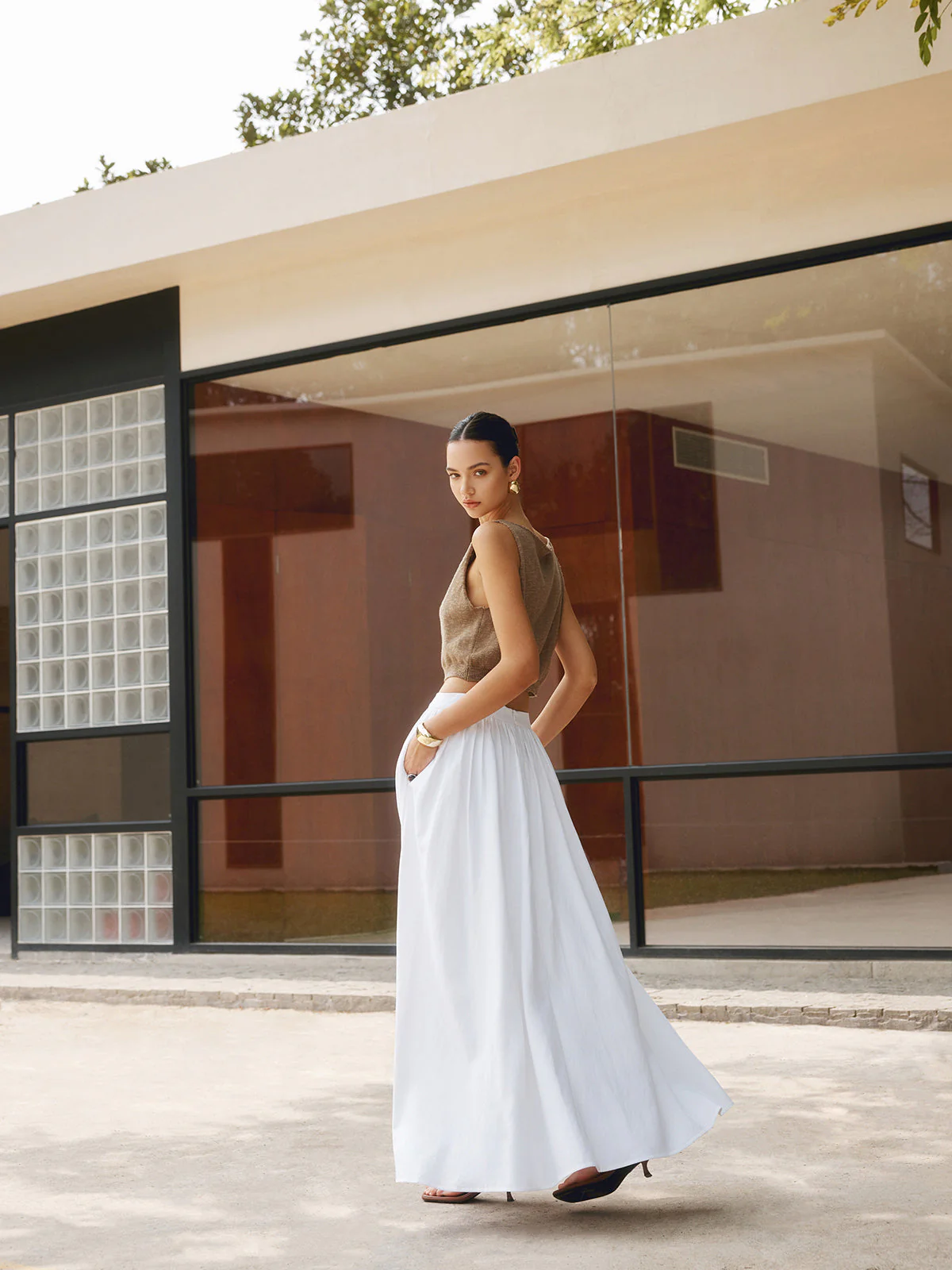 Florence | Women's High Waist Pleated A-Line Maxi Skirt with Pockets - Image 3