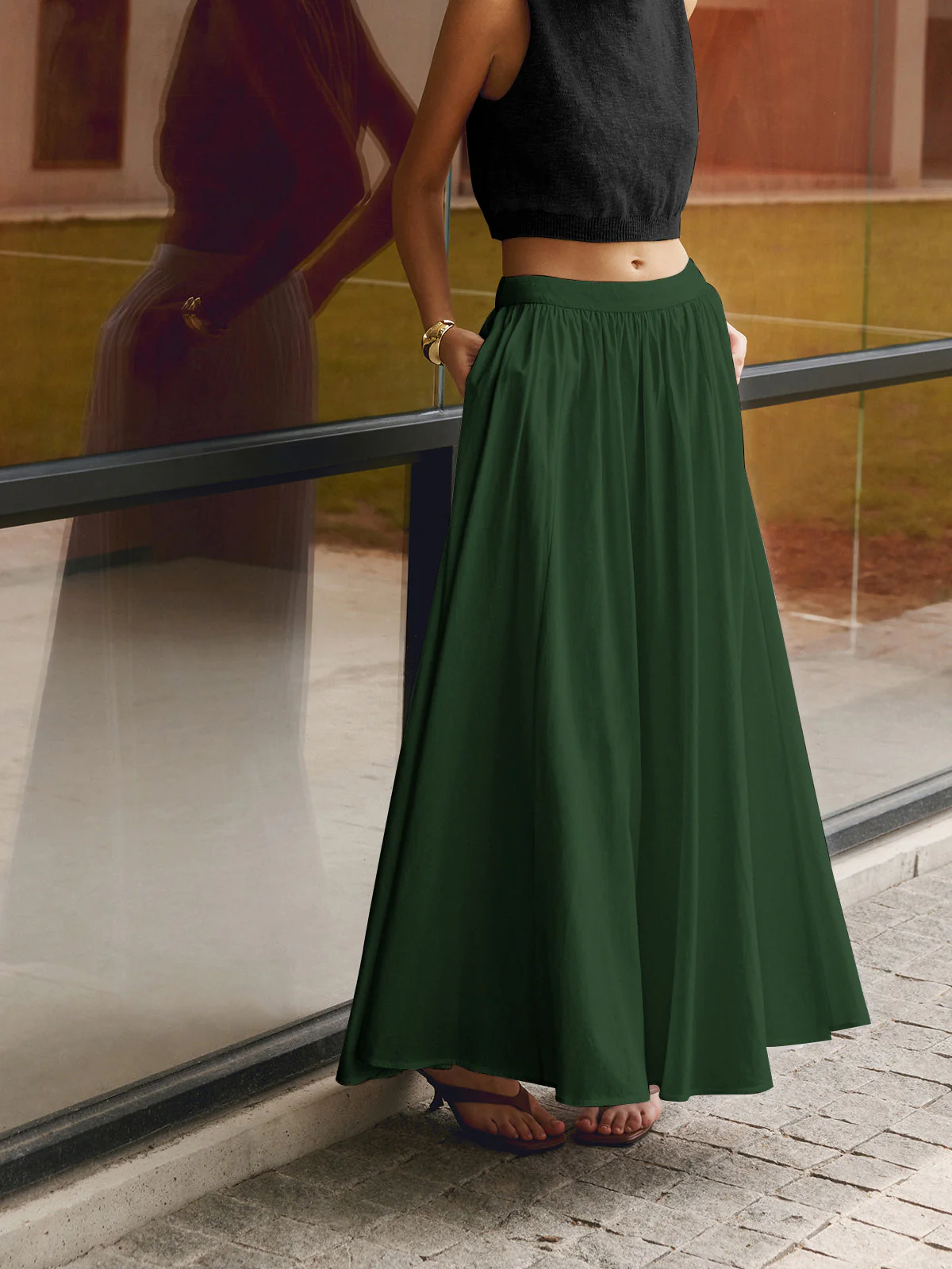 Florence | Women's High Waist Pleated A-Line Maxi Skirt with Pockets - Image 9