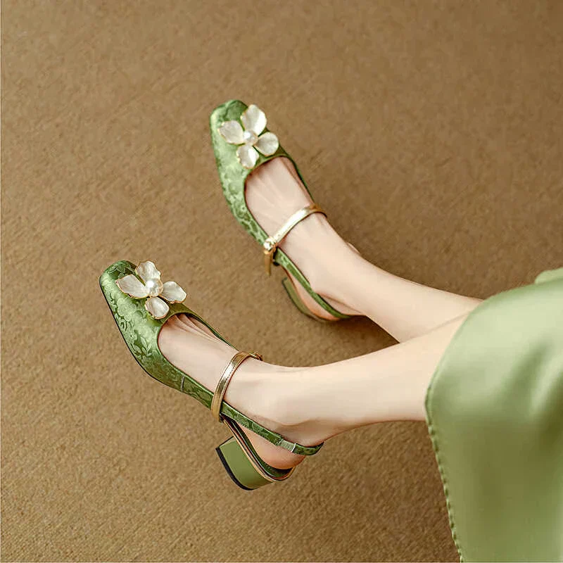 Florine | Women's Floral Slingback Pumps Square Toe Block Heel Shoes - Image 3