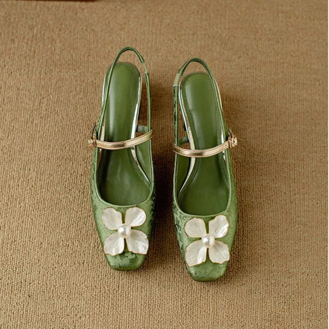 Florine | Women's Floral Slingback Pumps Square Toe Block Heel Shoes - Image 5