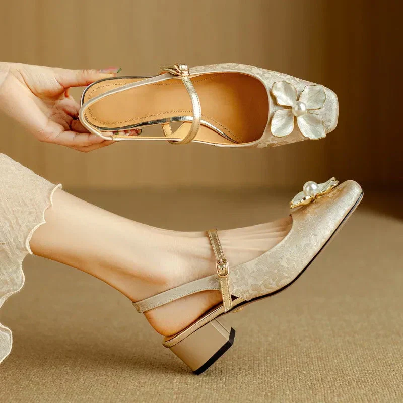Florine | Women's Floral Slingback Pumps Square Toe Block Heel Shoes - Image 8