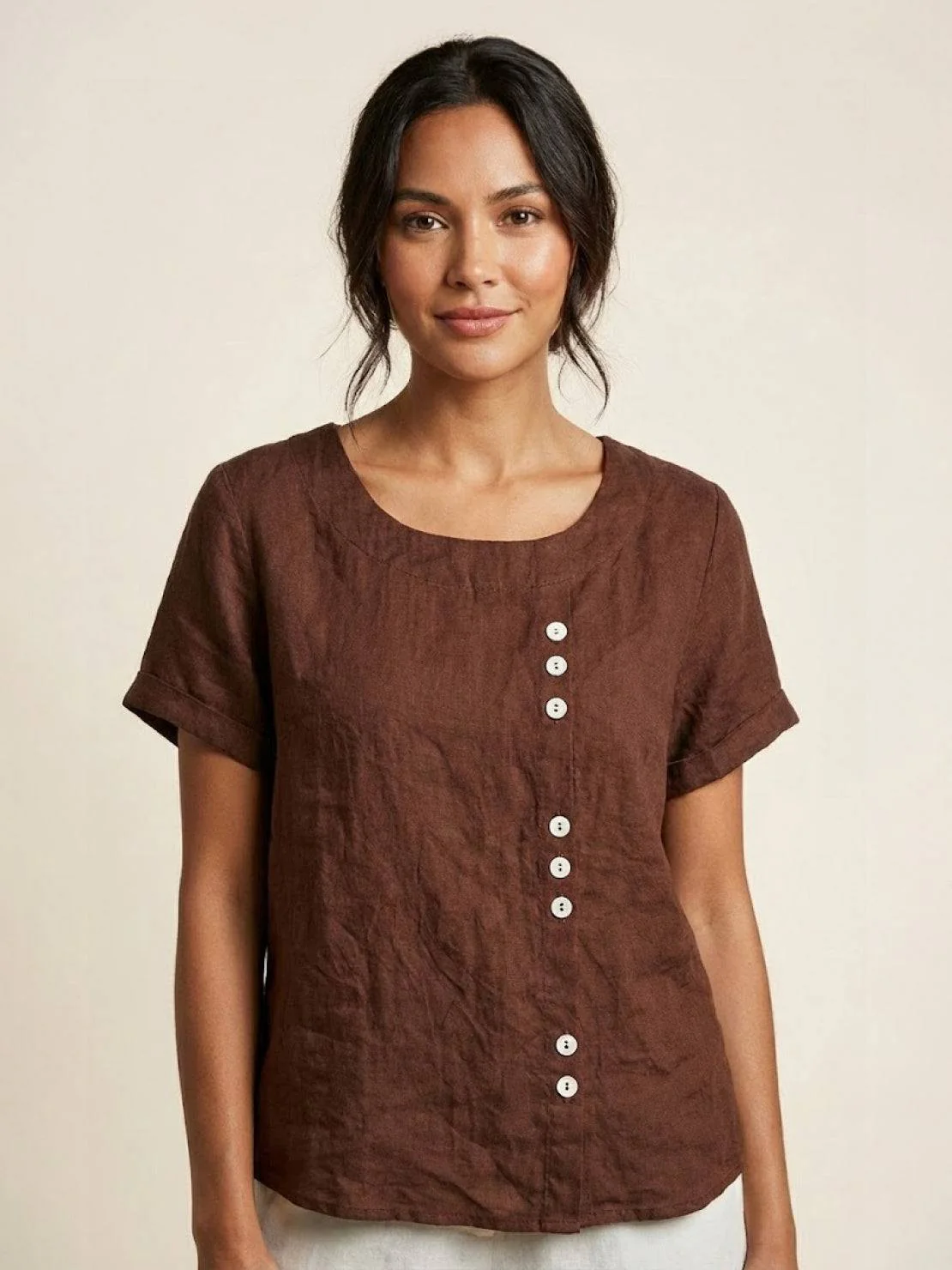 Foreen | Women's Casual Scoop Neck Button Detail Short Sleeve Top - Image 3