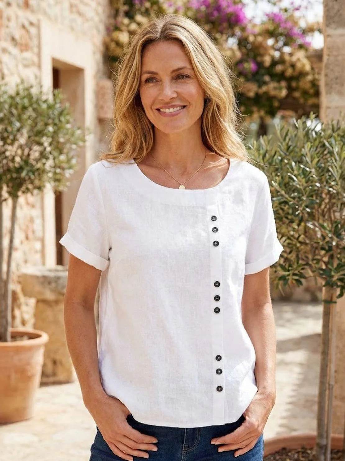 Foreen | Women's Casual Scoop Neck Button Detail Short Sleeve Top - Image 34