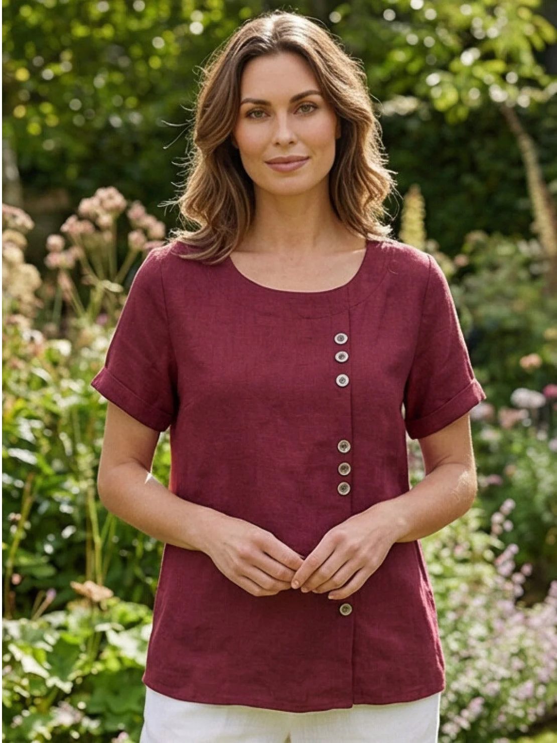 Foreen | Women's Casual Scoop Neck Button Detail Short Sleeve Top - Image 42