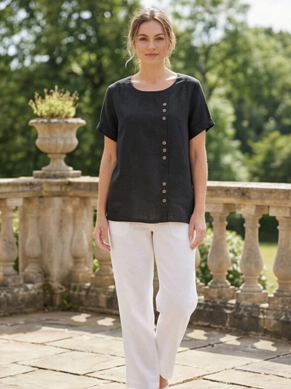 Foreen | Women's Casual Scoop Neck Button Detail Short Sleeve Top - Image 51