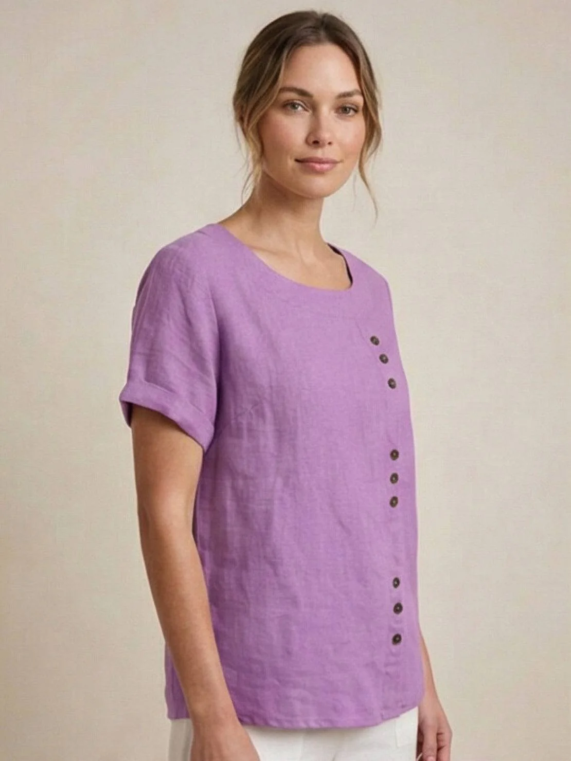 Foreen | Women's Casual Scoop Neck Button Detail Short Sleeve Top - Image 57