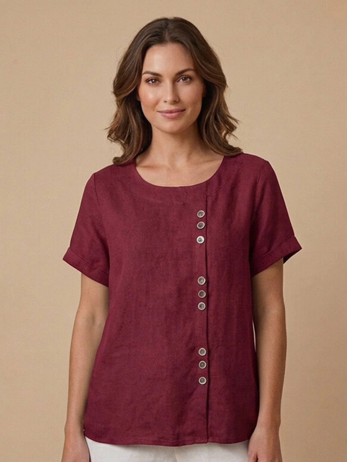 Foreen | Women's Casual Scoop Neck Button Detail Short Sleeve Top - Image 8