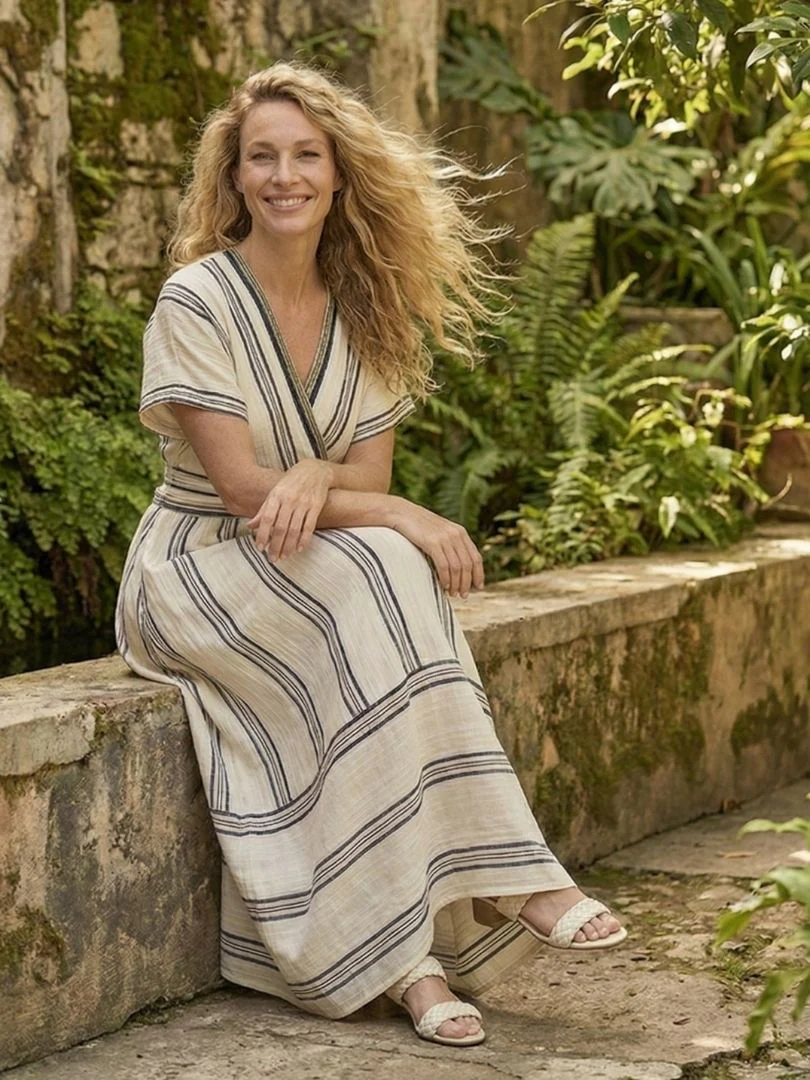 Francesca | Women's Striped V Neck Wrap Midi Dress - Image 5