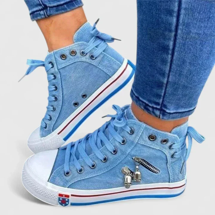 Freya | Women's Denim High Top Lace-Up Sneakers with Side Zip