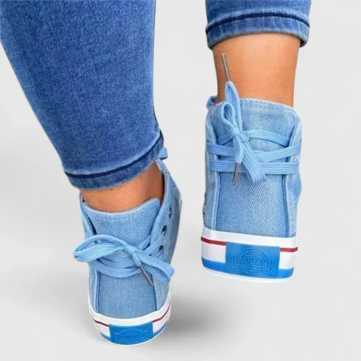 Freya | Women's Denim High Top Lace-Up Sneakers with Side Zip - Image 6