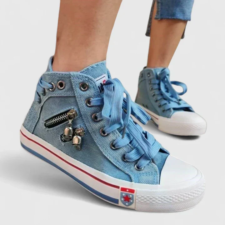 Freya | Women's Denim High Top Lace-Up Sneakers with Side Zip - Image 7