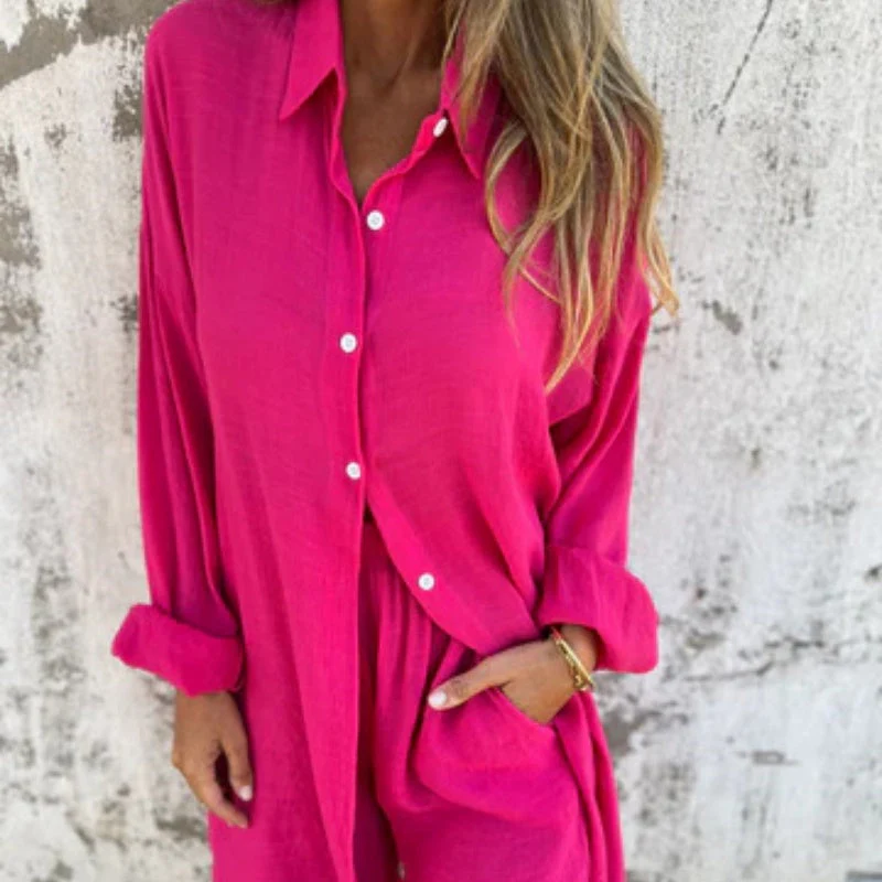 Funa | Women's Two-Piece Button-Up Shirt and Pants Set - Image 8