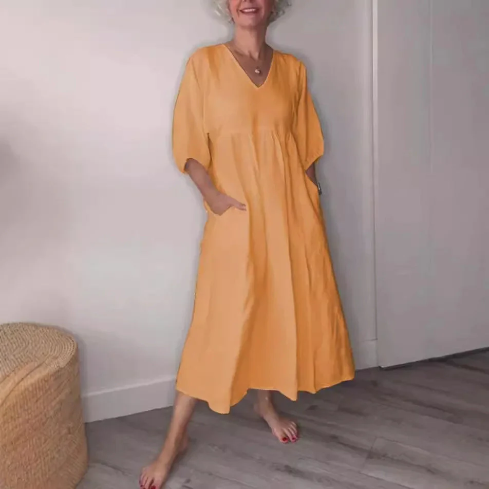 Genevieve | Women's V Neck Tummy Control Draped Midi Dress with Pockets Casual