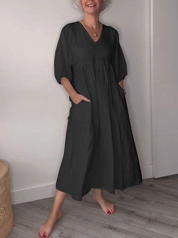 Genevieve | Women's V Neck Tummy Control Draped Midi Dress with Pockets Casual - Image 2