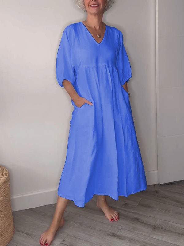 Genevieve | Women's V Neck Tummy Control Draped Midi Dress with Pockets Casual - Image 3