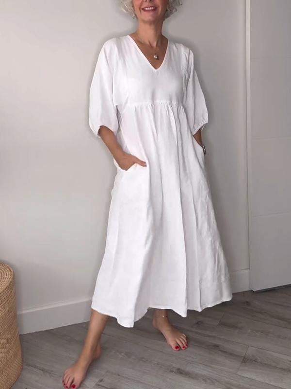 Genevieve | Women's V Neck Tummy Control Draped Midi Dress with Pockets Casual - Image 4