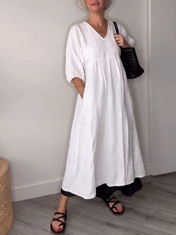 Genevieve | Women's V Neck Tummy Control Draped Midi Dress with Pockets Casual - Image 6