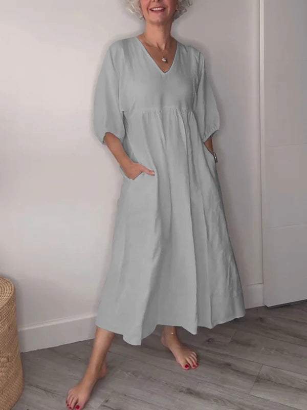 Genevieve | Women's V Neck Tummy Control Draped Midi Dress with Pockets Casual - Image 7