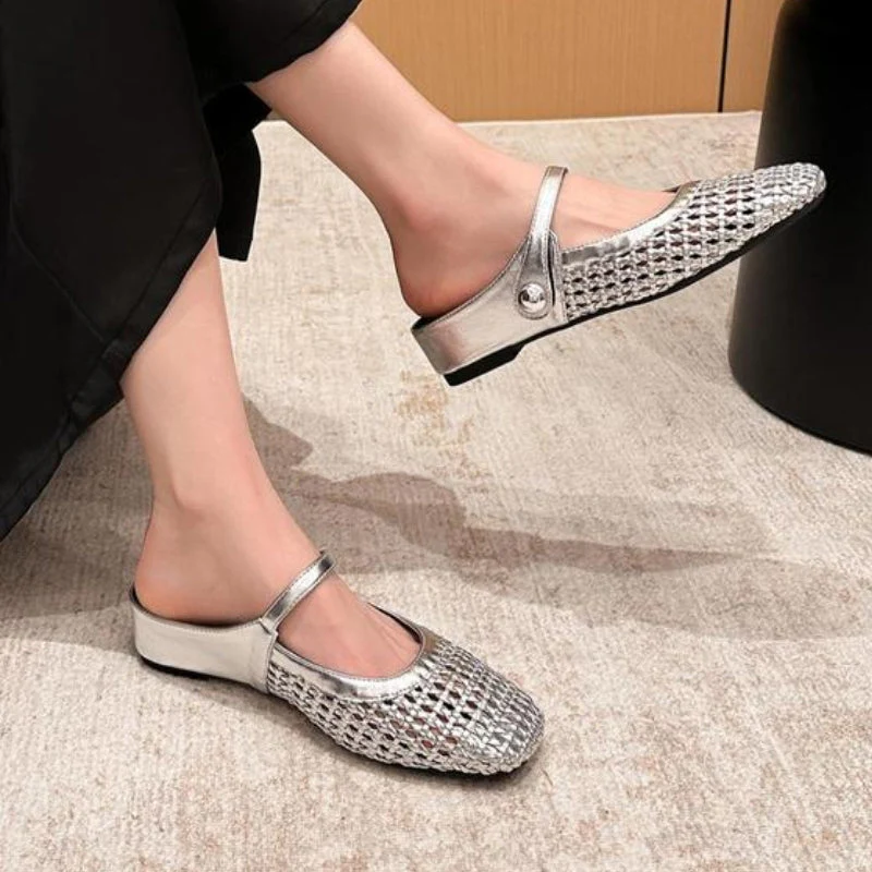 Goldie | Women's Mary Jane Mules Woven Flat Slip On Shoes - Image 10