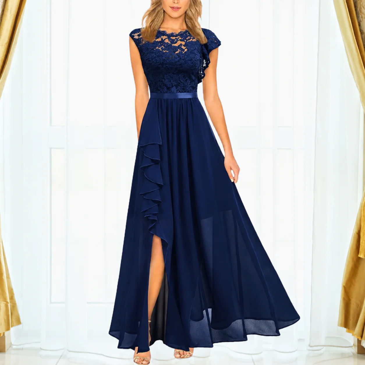 Grace | Women's Lace Chiffon Maxi Dress Ruffle Split Formal - Image 2
