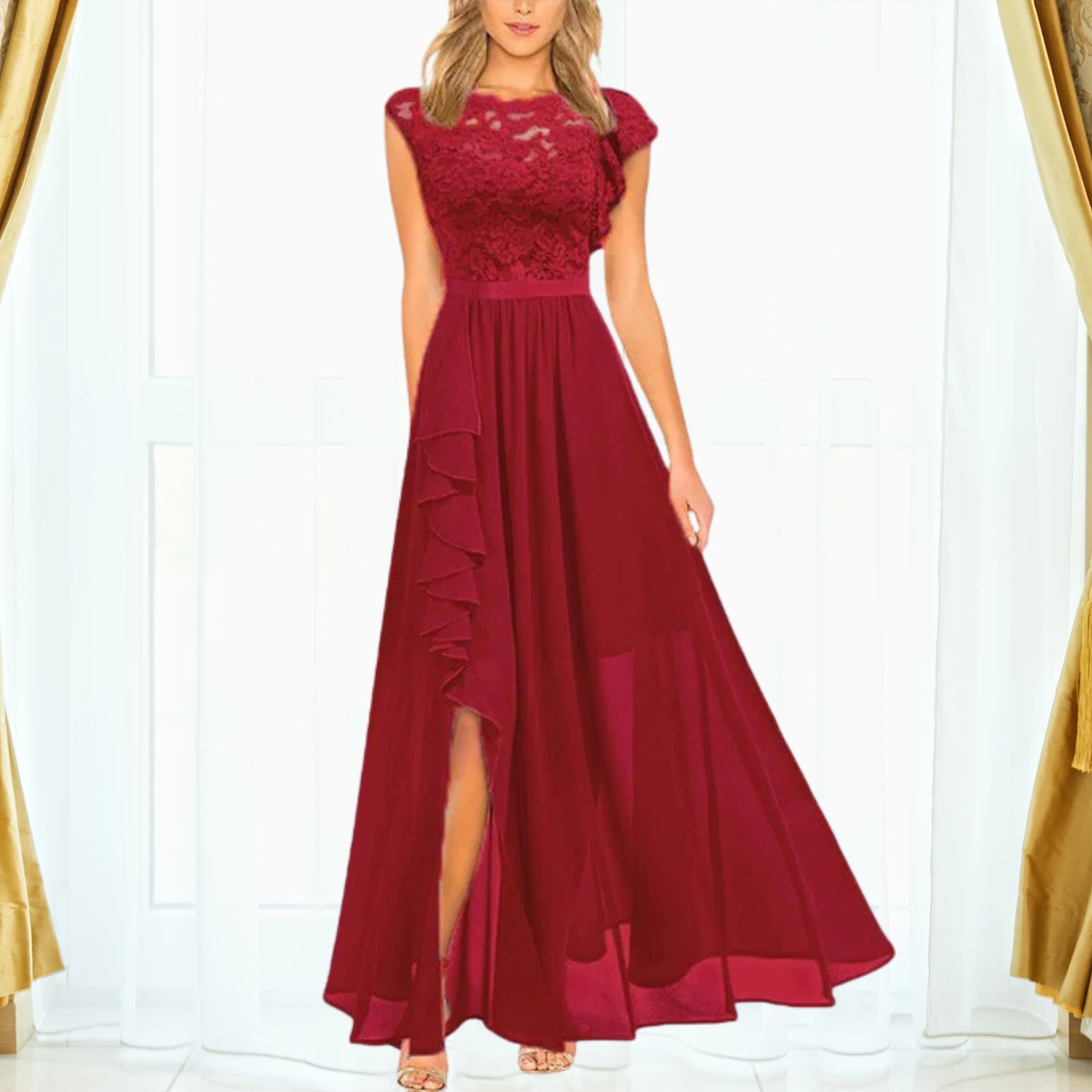 Grace | Women's Lace Chiffon Maxi Dress Ruffle Split Formal - Image 4