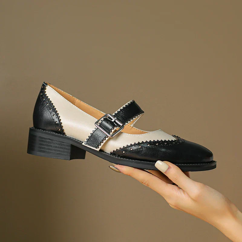 Harlow | Women's Two-Tone Leather Mary Jane Shoes Brogue T-Strap - Image 3
