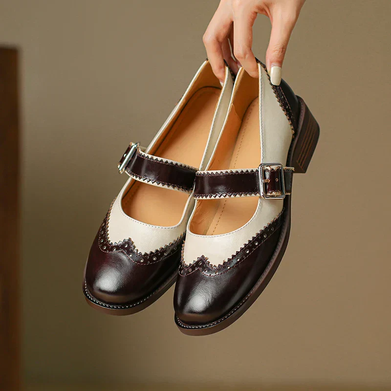Harlow | Women's Two-Tone Leather Mary Jane Shoes Brogue T-Strap - Image 4