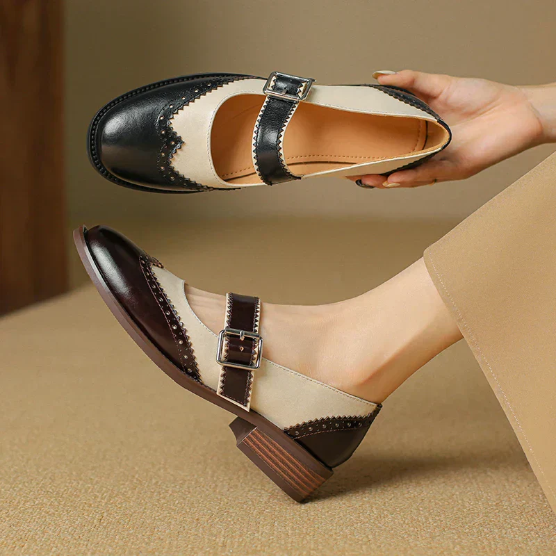 Harlow | Women's Two-Tone Leather Mary Jane Shoes Brogue T-Strap - Image 6