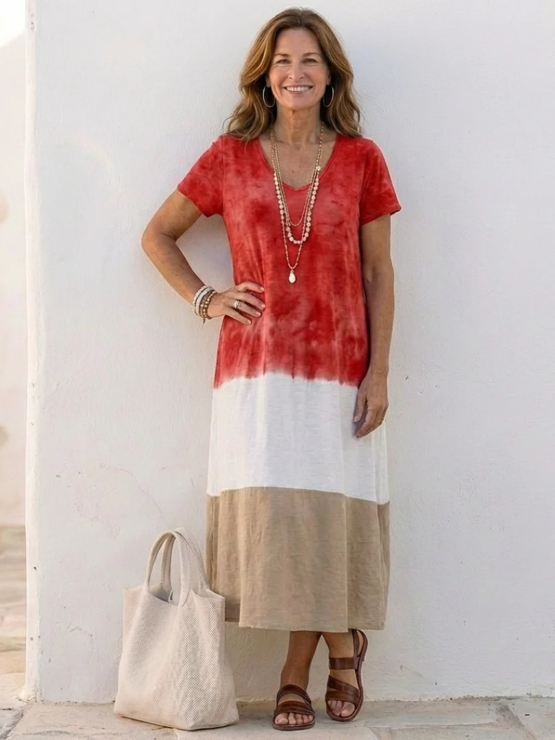 Isadora | Women's Color Block V Neck Midi Dress - Image 3