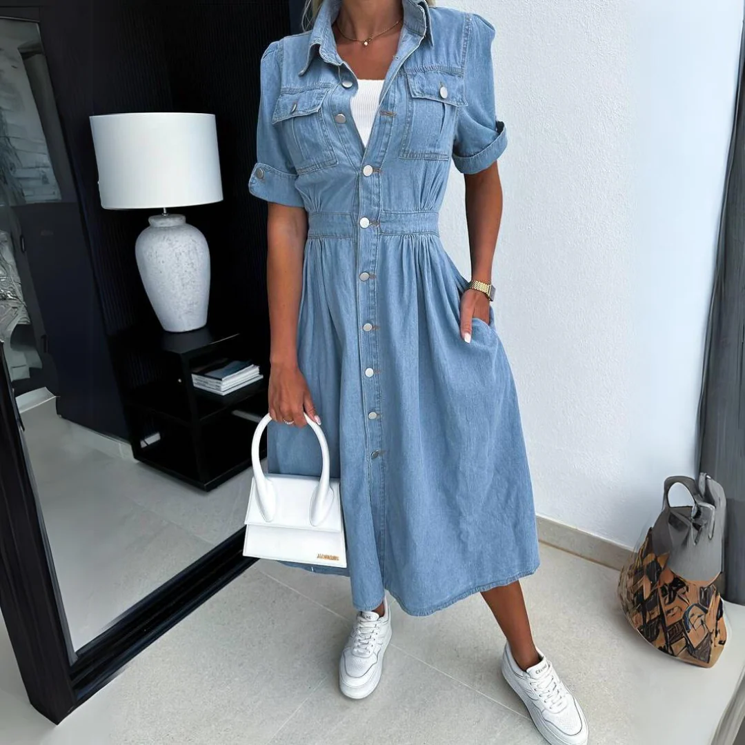 Jade | Women's Denim Button-Up Midi Dress Short Sleeve - Image 2