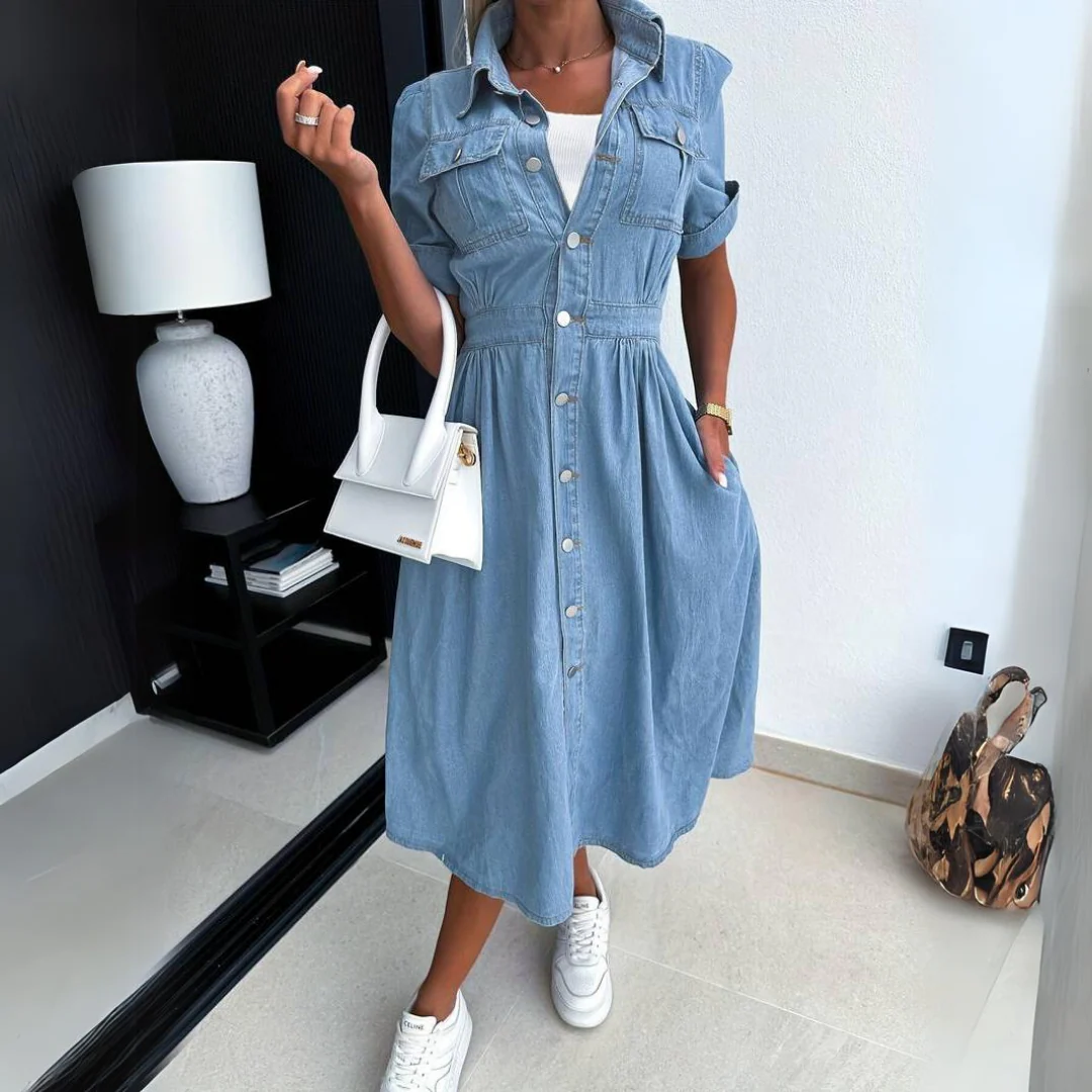 Jade | Women's Denim Button-Up Midi Dress Short Sleeve - Image 3